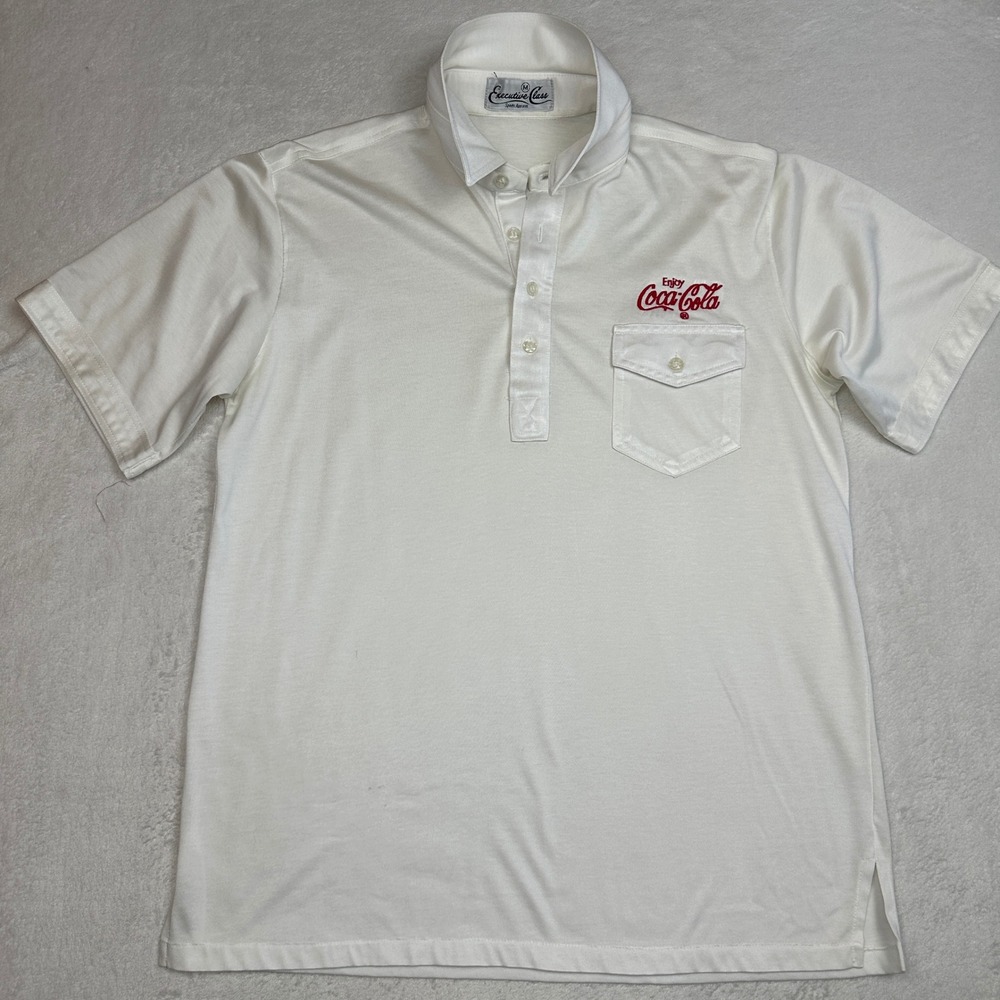 Vintage Executive Class Coca-Cola Polo Shirt Mens M off-White Embroidered Logo